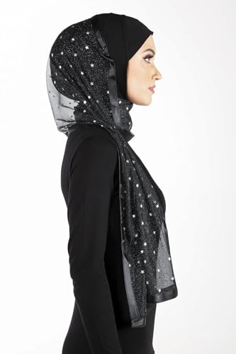 Stylish Mona Hijab Women's Black Kuwaiti with Chiffon Wrap Shawl & Satin Trim - color: Black With Silver Stars
