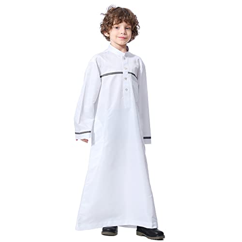 IDOPIP Kids Boys Muslim Thobe Islamic Arabic Kaftan Robe Loose Middle East Prayer Thobes Dress Modest Clothes with Pockets - color: White, size: 4-5T