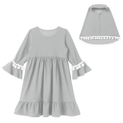 IBTOM CASTLE Abaya for Baby Girls with Hijab 2PCS Muslim Prayer Clothes Long Bell Sleeve Middle East Dubai Islamic Clothing - color: Silver Grey, size: 6-12 Months