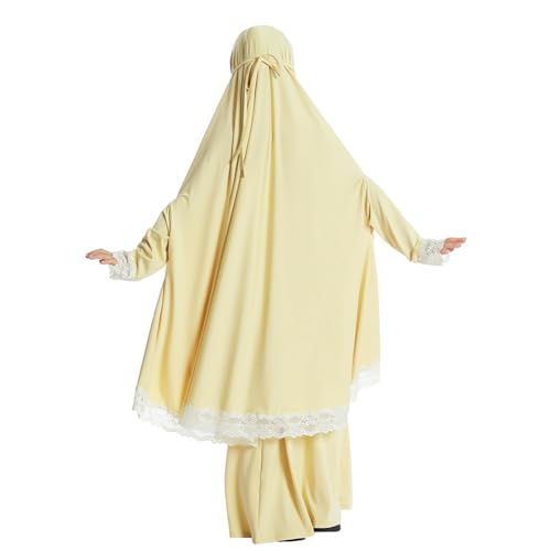 Kids Girls Abaya Muslim Full Cover Lace Hijab Dress Kaftan Dubai Islamic Prayer Dress, 2pcs Set - color: Cream Yellow, size: 7-8 Years