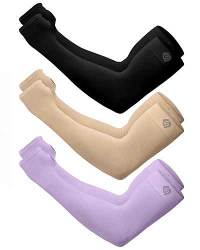 Arm Sleeves for Men Women UV Sun Protection Compression Arm Warmer Tattoo Cover Up, Sports Golf Cooling Sleeves - color: 3 Pairs: Purple, Black, Beige