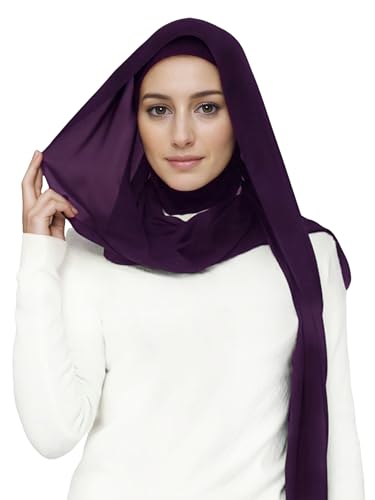 Lina & Lily Flowy Chiffon Instant Hijab Scarf Attached Jersey Ninja Undercap Full Coverage for Muslim Women - color: Dark Purple
