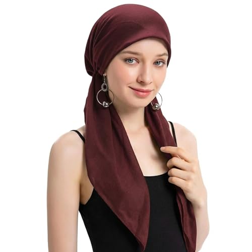 ZLYC Chemo Headwear Long Pre Tied Head Scarf Beanie for Women - color: Solid Burgundy