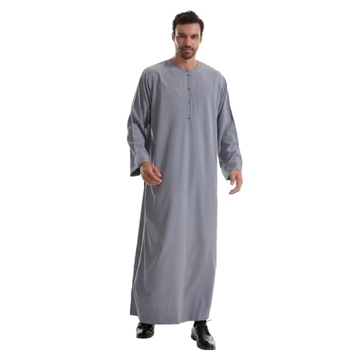 IWEMEK Men Muslim Thobe Long Sleeve Kaftan Robe with Pockets Saudi Arabic Thobe Ramadan Middle East Dubai Islamic Abaya Dress - color: Grey, size: Medium