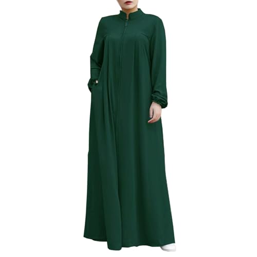 Womens Abaya Muslim Long Sleeve Front Zipper Dress Prayer Islamic Clothes with Pockets - color: Dark Green, size: Small