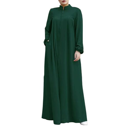 Womens Abaya Muslim Long Sleeve Front Zipper Dress Prayer Islamic Clothes with Pockets - color: Dark Green, size: Small