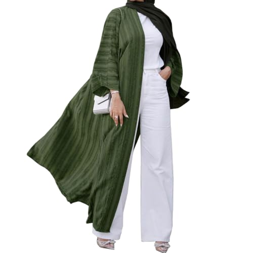 Womens Muslim Kimono Abaya Solid Striped Retro Ethnic Cardigan Robe Dubai Middle Eastern Saudi Arabia Eid Clothes - color: Green Long Cardigan, size: XX-Large