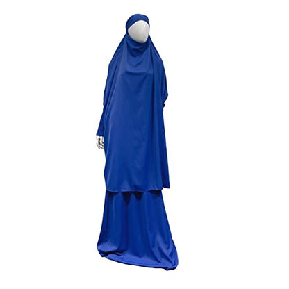 Women Muslim 2 Set Solid Color Plus Long Sleeve Thobe One-size Longuette Overall Abaya Thobe with Hoodied Hijab - color: Loyal Blue