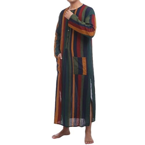 IWEMEK Muslim Thobe for Men Striped Kaftan Thobe with Pockets Saudi Arabic Robe Button up Dubai Abaya Caftan Ramadan Clothes - color: Yellow, size: Medium