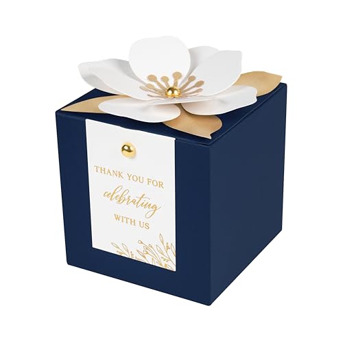 FEIYI 20 PCS Navy Blue Gift Boxes, 3 In 1 Favor Boxes with Floral Decor, White Thank You Tags Cupcake Containers Gift wrapping for Wedding, Baby Shower, Birthday, Decorations Party - 3.55x3.55x3.55 - color: Navy Blue, size: Large-(3.55")