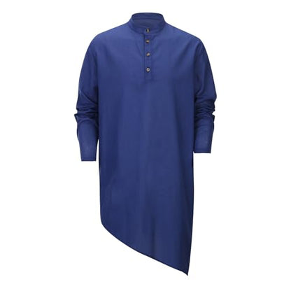 Mens Kaftan Robe Thobe Cotton Long Sleeve Henley Shirt Casual Muslim Gown Kurta Tops - color: Navy, size: Small