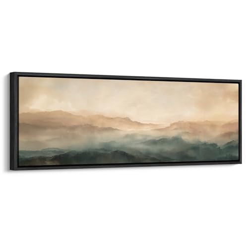 wall26 Large Framed Wall Art Canvas Print - Sepia Green Mist Layer Mountain - Contemporary Artwork for Living Room Bedroom Office - 60"x20" Black - color: AS10-2606-YUK18, size: 60"L x 20"W, style: Black Frame