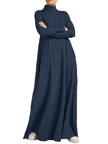 WSPLYSPJY Women High Neck Abaya Muslim Dress Solid Color Prayer Robe - color: Navy Blue, size: Medium