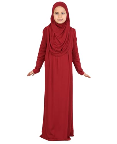 Prien Kids Muslim Prayer Dress With Hijab & Pouch, Soft Viscose Abaya For Girls, Islamic Clothes, Robe For Eid, Ramadan - color: Burgundy