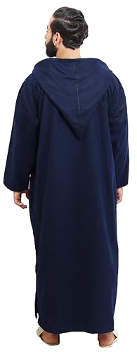 Moroccan Men Djellaba with Hood – Handmade Winter Jellaba Cotton Kaftan with Delicate Embroidery, Caftan Fits L–XL - color: Navy