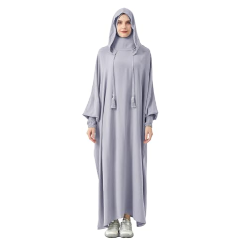 Abaya Muslim Dress Women Prayer Dress Long Sleeve Hooded Loose Maxi Dress Arabian Dubai Islamic Clothes - color: Gray