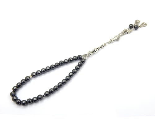 Perlin Muslim Prayer Beads 33 Bead Black Hematite Tasbih – Islamic Misbaha Subha Dhikr Beads with 8 mm Hematite Gemstone Beads and 925 Sterling Silver Imam, Ottoman Style Prayer Rosary, 26 cm