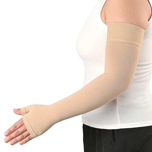 KEKING Lymphedema Medical Compression Arm Sleeve with Gauntlet, 15-20 mmHg Graduated Compression Full Arm Support for Women Men (Single), Long Pressure Arm Hand Brace for Arthritis, Bursitis, Edema - color: Beige (Single), size: Large