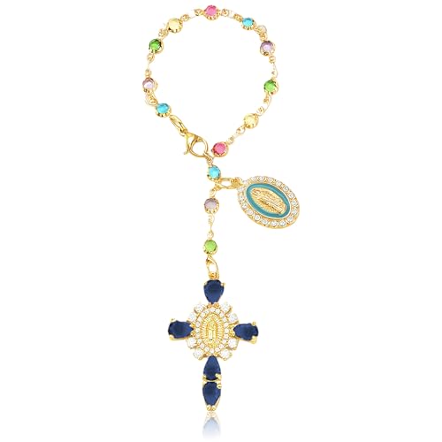 Virgen De Guadalupe Car Charm - Steering Wheel Accessory & Rearview Mirror Hanging, Cross Pendant Automotive Protection Decor - color: Gold-navy