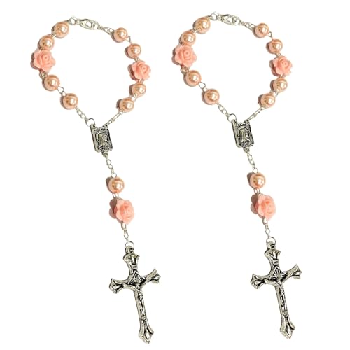 2 Pieces Car Rosary & Cross Pendant Hanging Accessories, Rearview Mirror Ornament for Interior Decor (Pink) - color: Pink