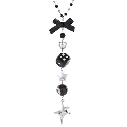 Black Bow Car Mirror Chain Y2k 8 Ball Star Beaded Hanging Charm | Y2k Aesthetic Hanging Charm With 8 Ball And Star Pendant. Beaded Car Rearview Mirror Chain. Cute Car Interior Decor - style: Star