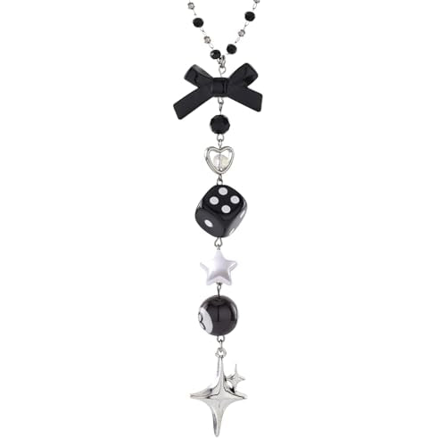 Black Bow Car Mirror Chain Y2k 8 Ball Star Beaded Hanging Charm | Y2k Aesthetic Hanging Charm With 8 Ball And Star Pendant. Beaded Car Rearview Mirror Chain. Cute Car Interior Decor - style: Star