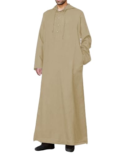 YAOHUOLE Long Sleeve Kaftan Thobe Button down Men Thobe with Pocket Big and Tall Kaftan Muslim Men Thobe - color: Khaki, size: Large