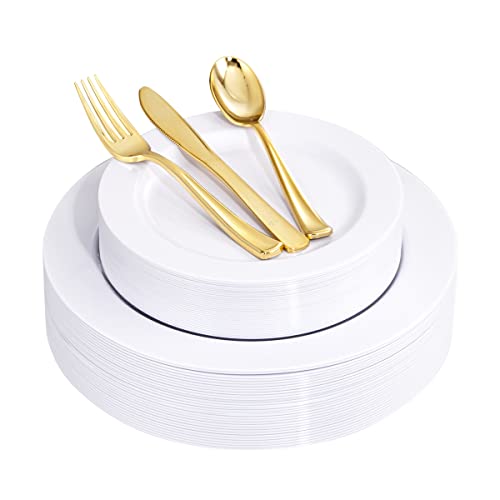 U-QE 150PCS White Plastic Plates with Gold Cutlery - Include 60 Dinner and Dessert Plates, 30 Forks, 30 Knives, 30 Spoons, Ideal for Wedding and Party - color: White-A