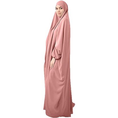 FPOVFPO Womens One-Piece Solid Abaya Muslim Prayer Dress Islamic Maxi Kaftan with Hijab Dubai Full Length Dress - color: Pink