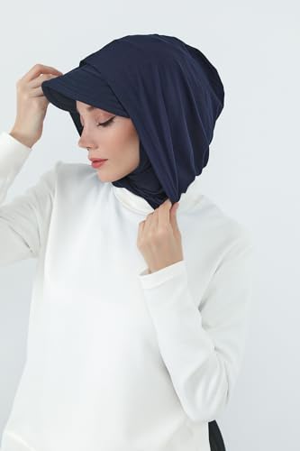 Aisha's Design Full Coverage Cotton Bonnet Hijab with Visor Modest Underscarf Bonnet - color: Navy Blue