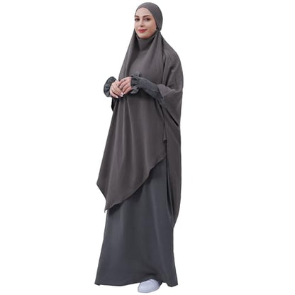 khalat Womens Muslim Prayer Dress Front Zipper Kaftan Islamic Robe Modest Solid Abayas for Women Muslim - color: Dark Gray+hijab