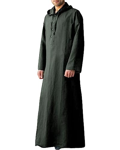 Jacansi Men's 65% Cotton 35% Linen Hooded Kaftan, Long Sleeve Button Down Thobe, Loose Casual Gown with Pockets - color: Dark Grey, size: 3X-Large