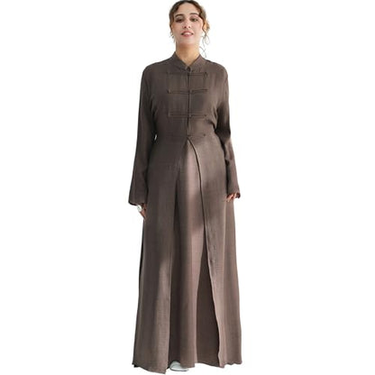 Lenmipot Elegant Middle Eastern Abaya 2pcs Stand Collar Maxi Dress for Women Muslim Jilbab Kaftan Eid Dubai Abaya Outfits - color: Mochaa, size: Large