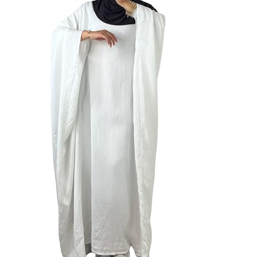Abaya Dress for Women Soft Crepe Like Linen Khimar Butterfly Batwing Dubai Islam Muslim Kaftan Modest Prayer Dress - color: White, size: Large