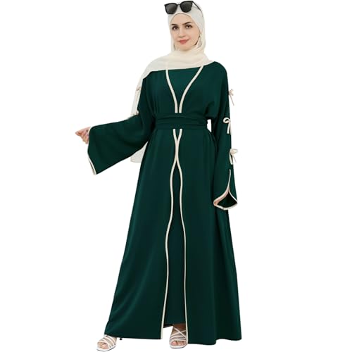 Abaya Dress for Women Muslim Bowknot Sleeves Islamic Prayer Casual Clothes Smooth Flowing Cardigan Dress - color: Dark Green, size: Small, style: Cardigan Dress Set
