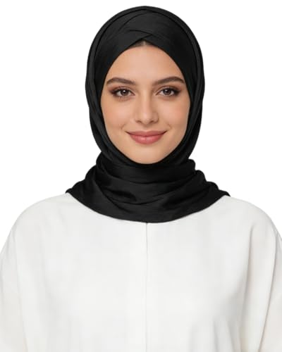 JUMISEE Silky Satin Hijab Scarf for Women Fashion Crinkle Crepe Instant Muslim Islamic Hijab Head Wrap Long Shawls - color: Black