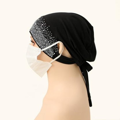 Muslim Hijab Undercap Rhinestone Embellished Turban Head Wrap for Women Jersey Inner Cap with Ear Holes - color: Black