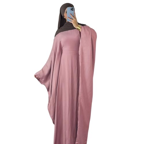 Abaya Dress for Women Soft Crepe Like Linen Khimar Butterfly Batwing Dubai Islam Muslim Kaftan Modest Prayer Dress - color: Pink, size: Large