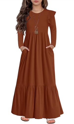 HOSIKA Girls Fall Ruffle Long Sleeve Crew Neck Loose Casual Flowy Tiered Maxi Dress with Pockets for 6-12 Y - color: Brown, size: 6 Years