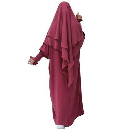 khalat Womens Muslim Prayer Dress Front Zipper Kaftan Islamic Robe Modest Solid Abayas for Women Muslim - color: Dark Red+hijab