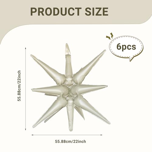 6 Pcs Cream Color Star Foil Balloons One-Piece 14-Pointed Star Balloon 4D Starburst Cone Mylar Balloon 22inch Christmas Birthday Wedding Wedding Anniversary Party Supplies(Cream Color) - color: 22 Inches Cream Color