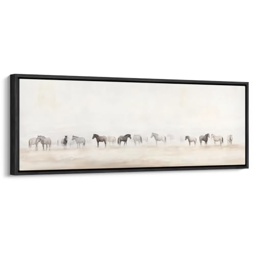 wall26 Large Framed Wall Art Canvas Print - Neutral Watercolor Wild Horses Prairie - Contemporary Artwork for Living Room Bedroom Office - 60"x20" Black - color: A10-2608-M25, size: 60"L x 20"W, style: Black Frame