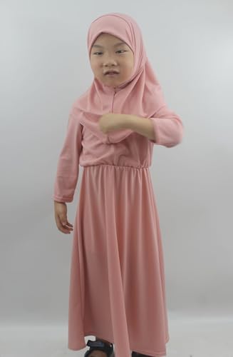 Girls Kids 2 Pcs Muslim Abaya Prayer Dress with Hijab Islamic Headscarf for Girl Robe Ramadan Eid Clothes - color: Dark Pink, size: Height 110CM-120CM