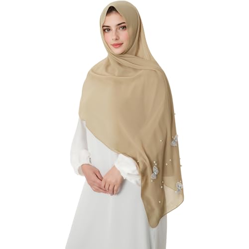 Muslim Prayer Hijab for Women Lightweight Pearl Chiffon Scarfs 3-D Butterfly Embroidery with Glitters Beads Islamic Hijab - color: Khaki