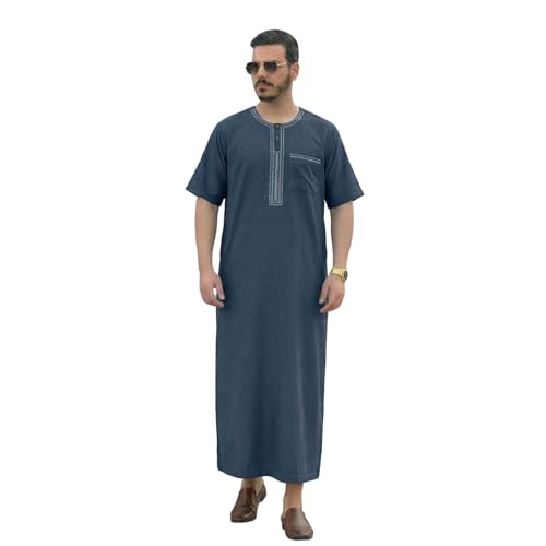 Muslim Thobe For Men Embroidery Mogadishu Short Sleeve Crew Neck Robe Jubba Prayer Kaftan Comfortable Arabic Abaya - color: Grey, size: Small