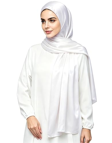 Lina & Lily Luxury Satin Hijab Head Scarf Shawl Wrap for Muslim Women Extra Long - color: White