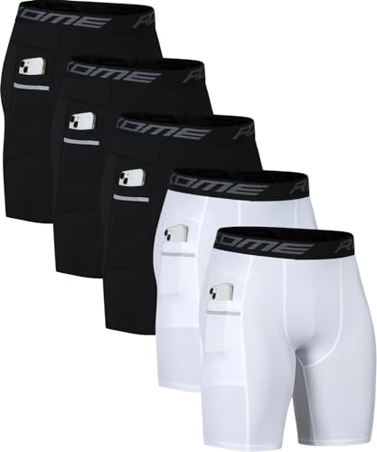 Compression Shorts Men Spandex Sport Gym Shorts Athletic Workout Running Tights Training Underwear (Pocket_5pack) 2White/3Black-XXL