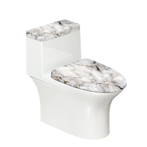 White Marble Print Toilet Lid Cover & Toilet Tank Lid Pads Bathroom Stretch Washable Toilet Lid Seat Protector Cover with Elastic Bottom - color: White Marble