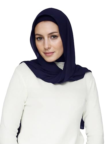 Lina & Lily Flowy Chiffon Instant Hijab Scarf Attached Jersey Ninja Undercap Full Coverage for Muslim Women - color: Navy Blue