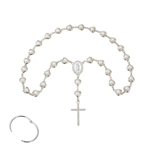 Car Rosary for Rearview Mirror, Evil Eye Pendant Car Interior Rear View Mirror Charm Auto Decors, Cross Personalized Hanging Accessories for Women Men (Silver-Heart) - size: Silver-heart